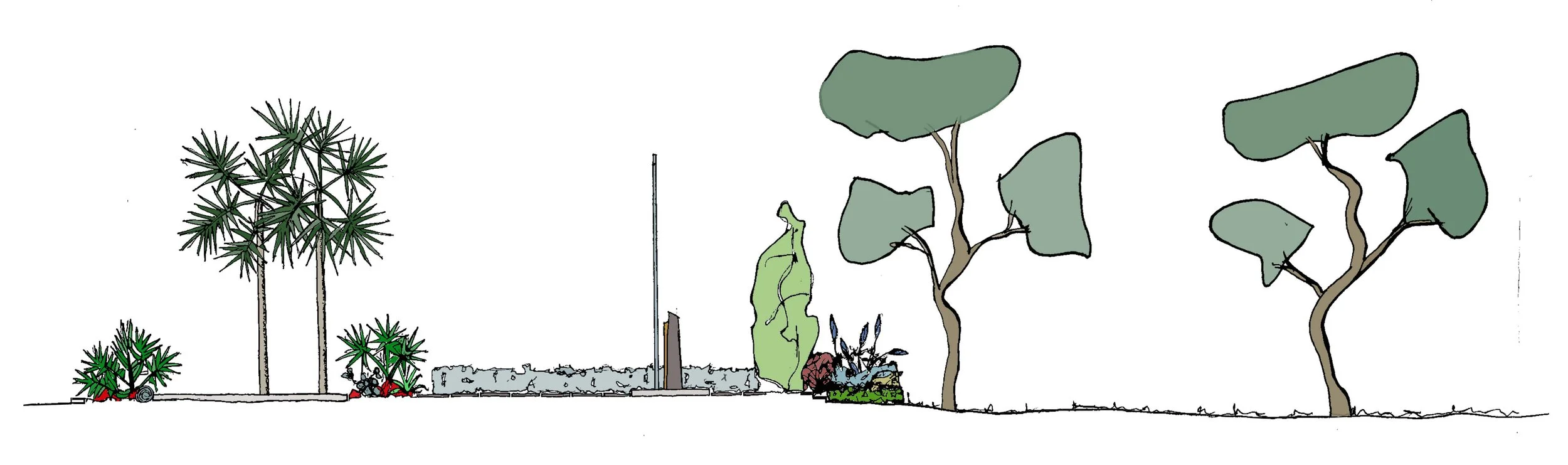 A sequence of various trees and plants illustrating their growth stages, from small to larger trees, including a stone pathway, a metal pole, and shrubbery.