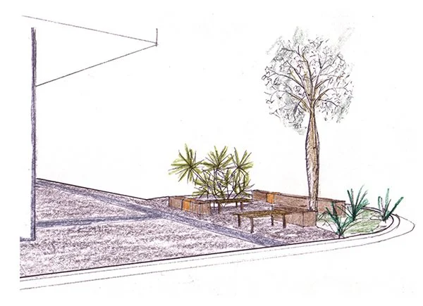 Drawing of a small outdoor urban space with benches, potted plants, and trees next to a sidewalk and building.