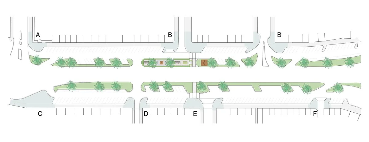 Site plan of a shopping center with parking lot at the top and bottom. Central green space with trees and pathways runs through the middle. Various small structures and entrances are present along the green space.