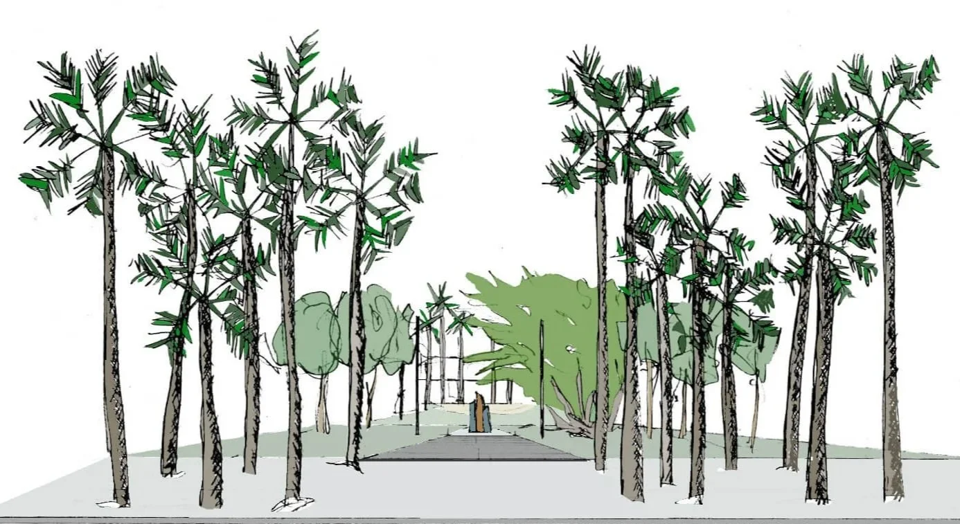 Drawing of a park with tall trees lining a pathway leading to a monument or sculpture, with a large shrub or bush and smaller trees in the background.