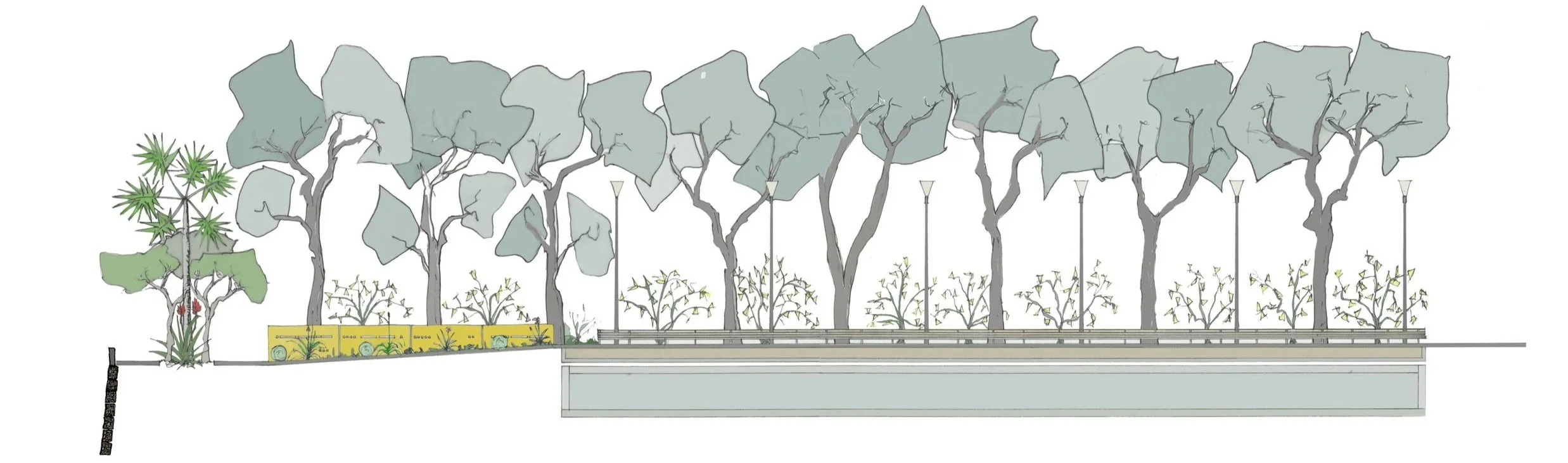 Landscape illustration of urban greenery with trees, street lamps, raised garden beds, and a pathway.