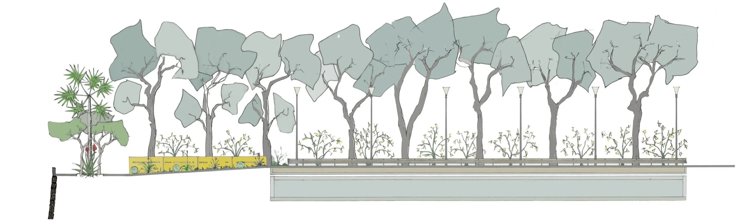 Landscape illustration of urban greenery with trees, street lamps, raised garden beds, and a pathway.