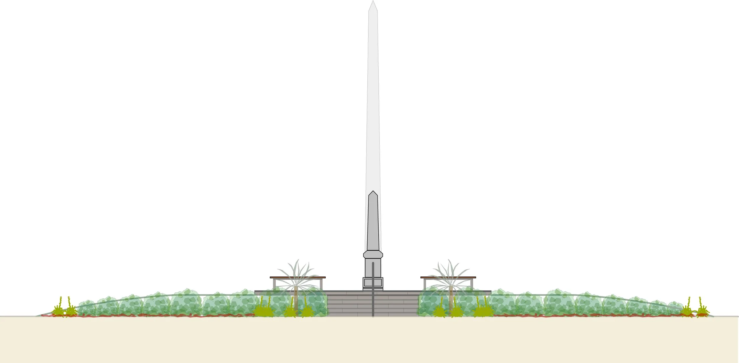 A illustration of a memorial with a large central obelisk, flanked by benches and trees, with steps leading up to the base.