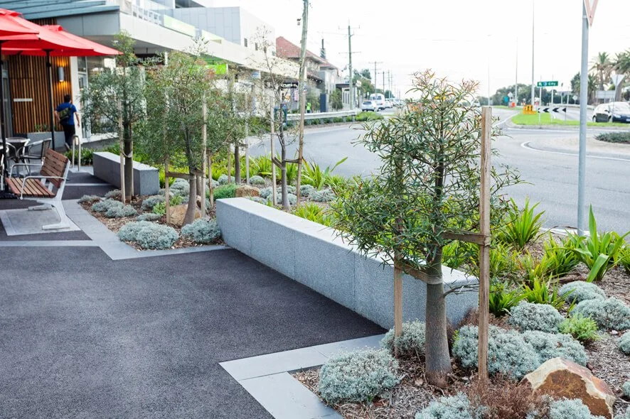 Sidewalk with landscaped greenery and small trees, adjacent to a street with cars and buildings in the background.