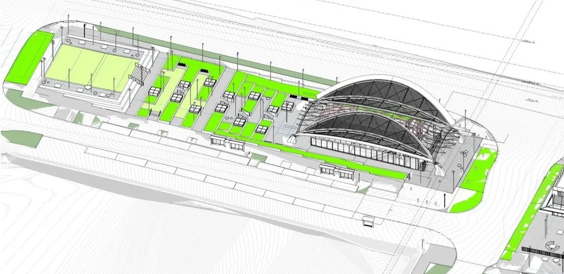 Architectural 3D rendering of a modern sports complex with a stadium, outdoor field, and various amenities, featuring green spaces and covered structures.