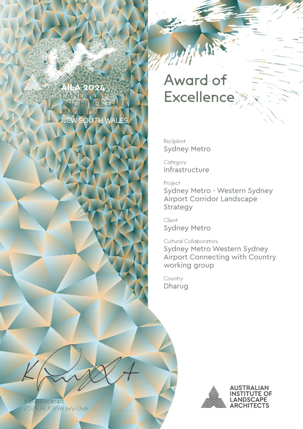 Certificate of Award of Excellence from the Australian Institute of Landscape Architects for the Sydney Metro Western Sydney Airport Corridor Landscape Strategy, awarded to Sydney Metro, with a geometric abstract background and the word 'Kamua' signature at the bottom.