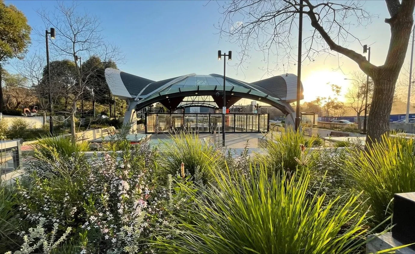 A modern outdoor pavilion with a curved roof, surrounded by greenery and trees, at sunset.