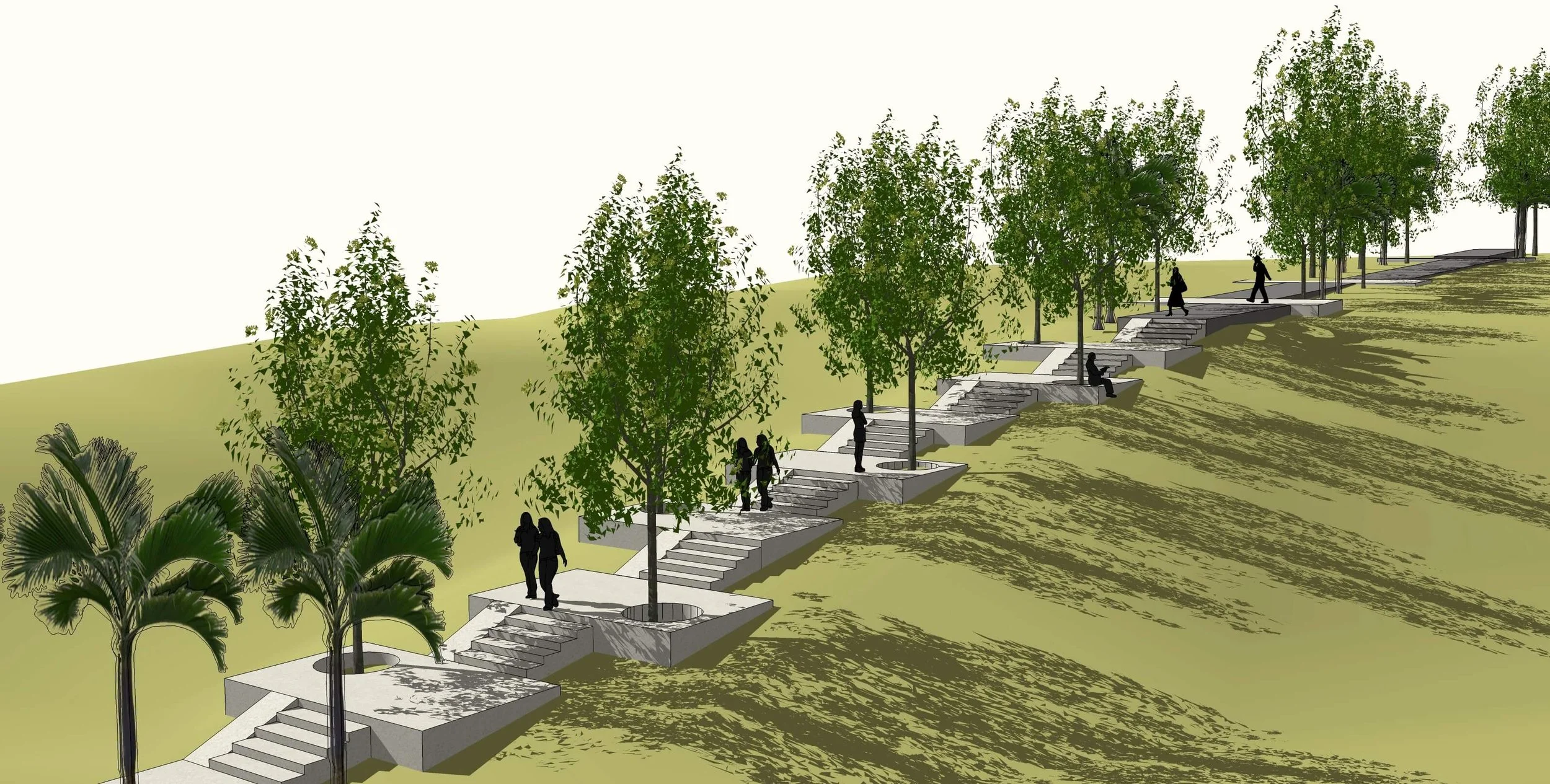 Rendering of an outdoor staircase with seating areas on a hillside, lined with trees and people walking and sitting.