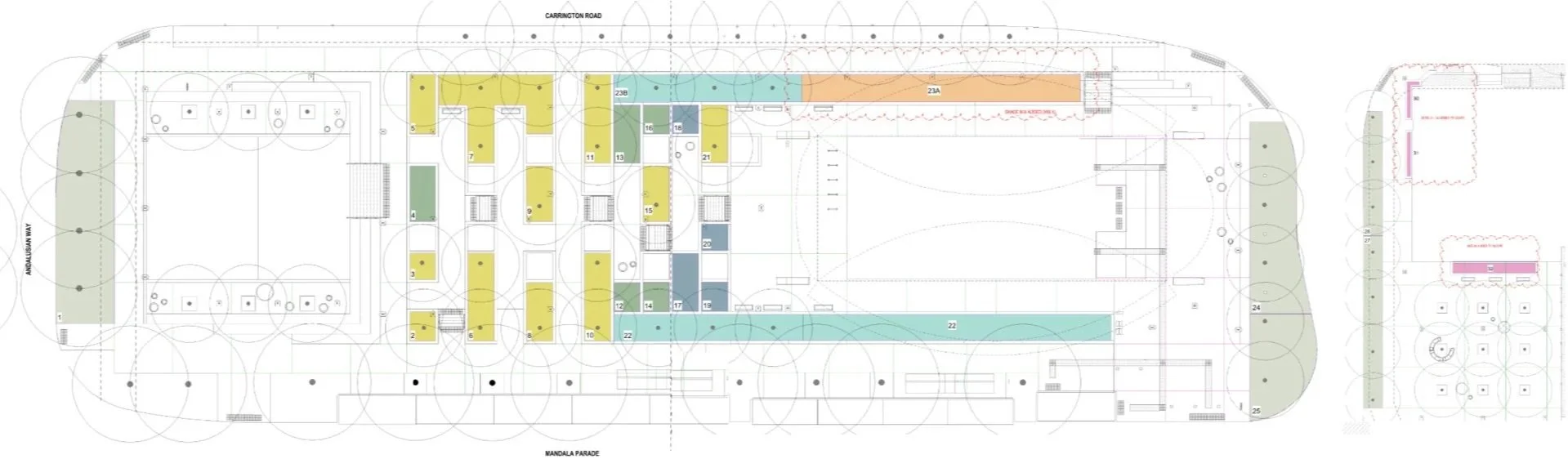 A detailed architectural plan for a school or community center, showing various rooms, outdoor areas, and landscape features with color-coded sections.