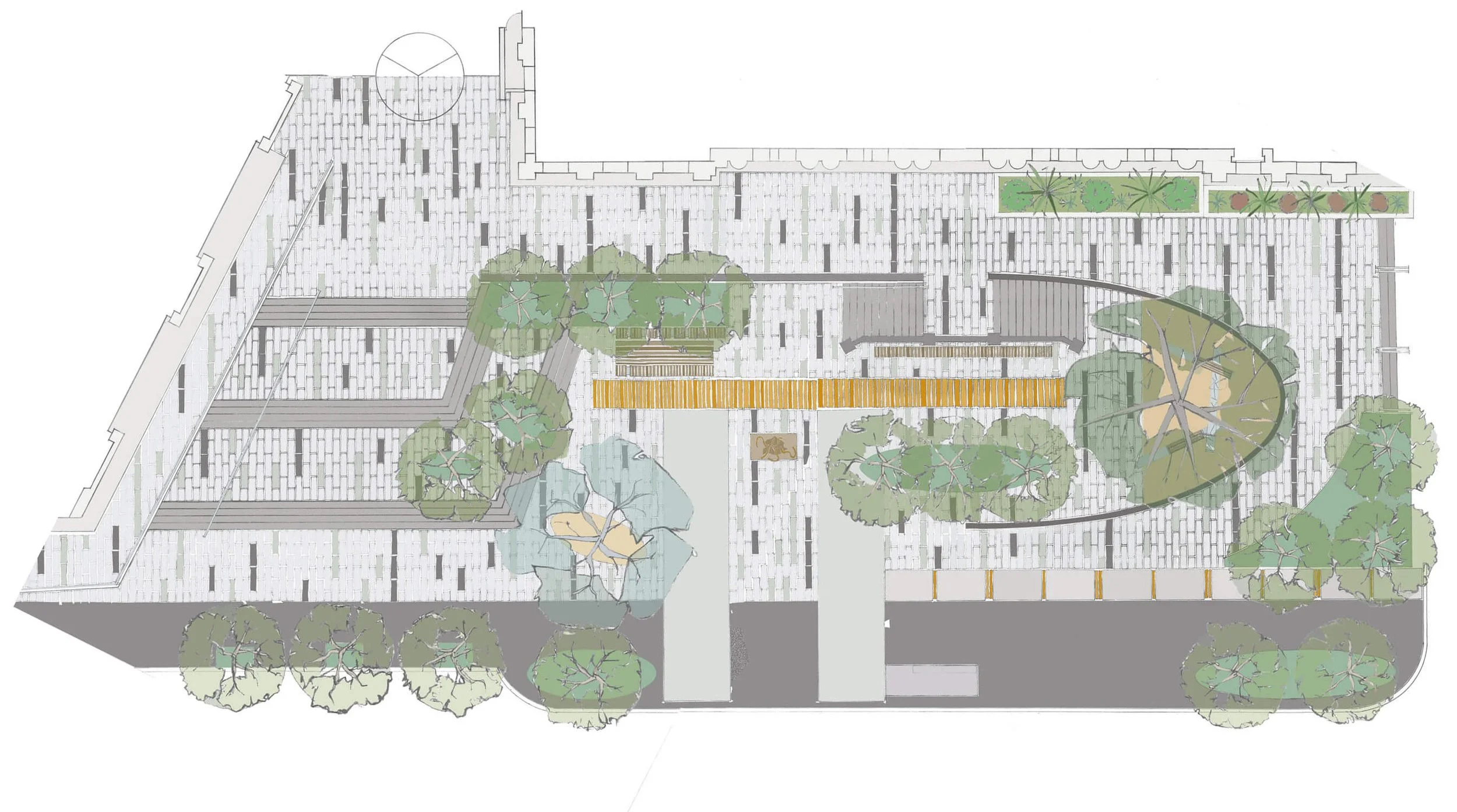 Top-down view of a landscaped outdoor area with trees, pathways, seating, and garden beds.