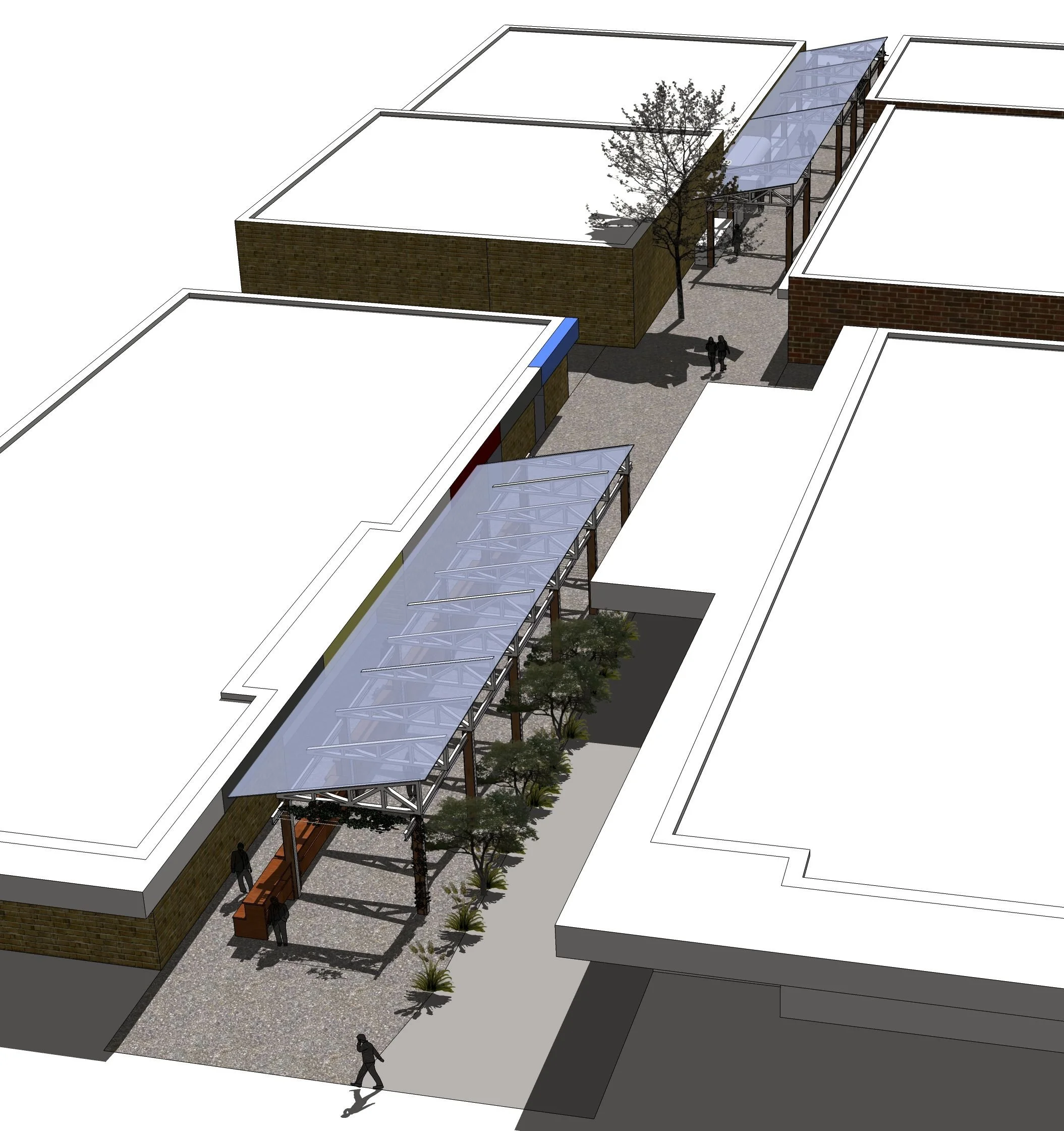 A digital rendering of a campus walkway with three covered areas and trees, showing people walking beneath and around the structures.
