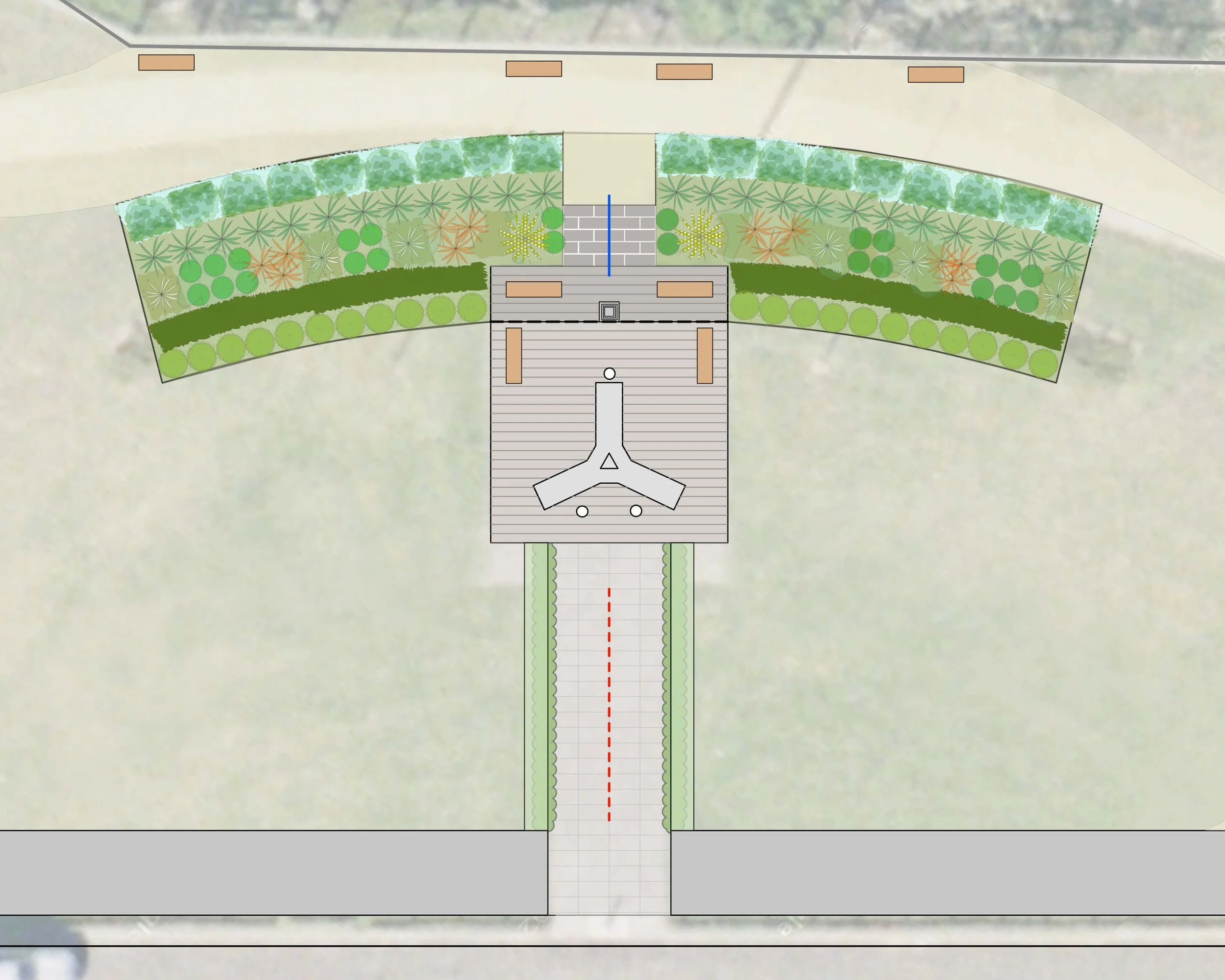 Landscape plan of a building entrance with surrounding garden beds, walkways, benches, and steps leading to the building.