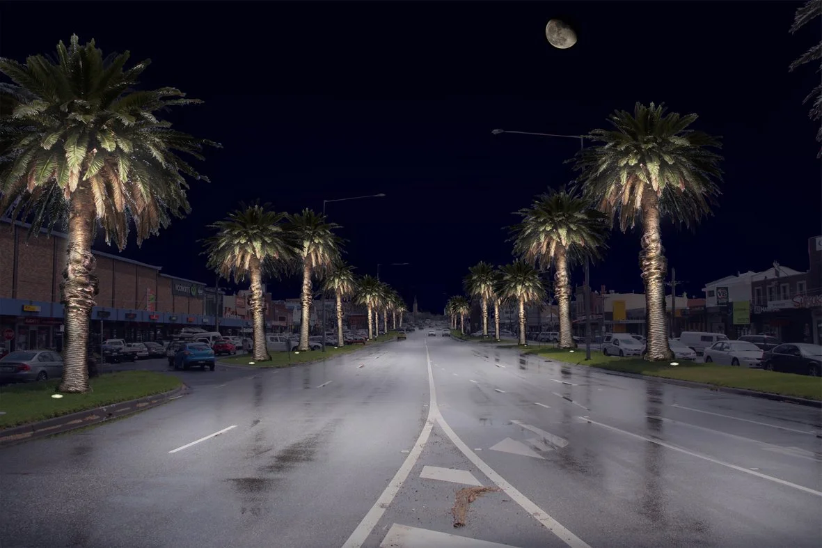 Nighttime street scene with palm trees lining both sides of a wet road, moon visible in the sky, and parked cars along the shops.