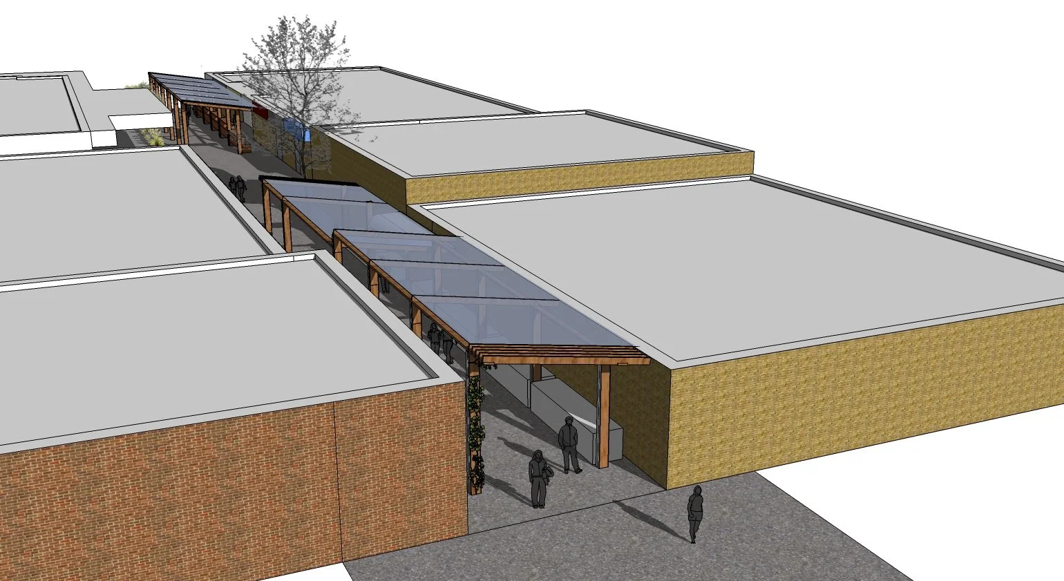 A 3D rendering of a school or community center with modern architectural design, featuring a brick exterior, large flat roofs, and a glass-covered walkway connecting two sections, with people walking underneath.