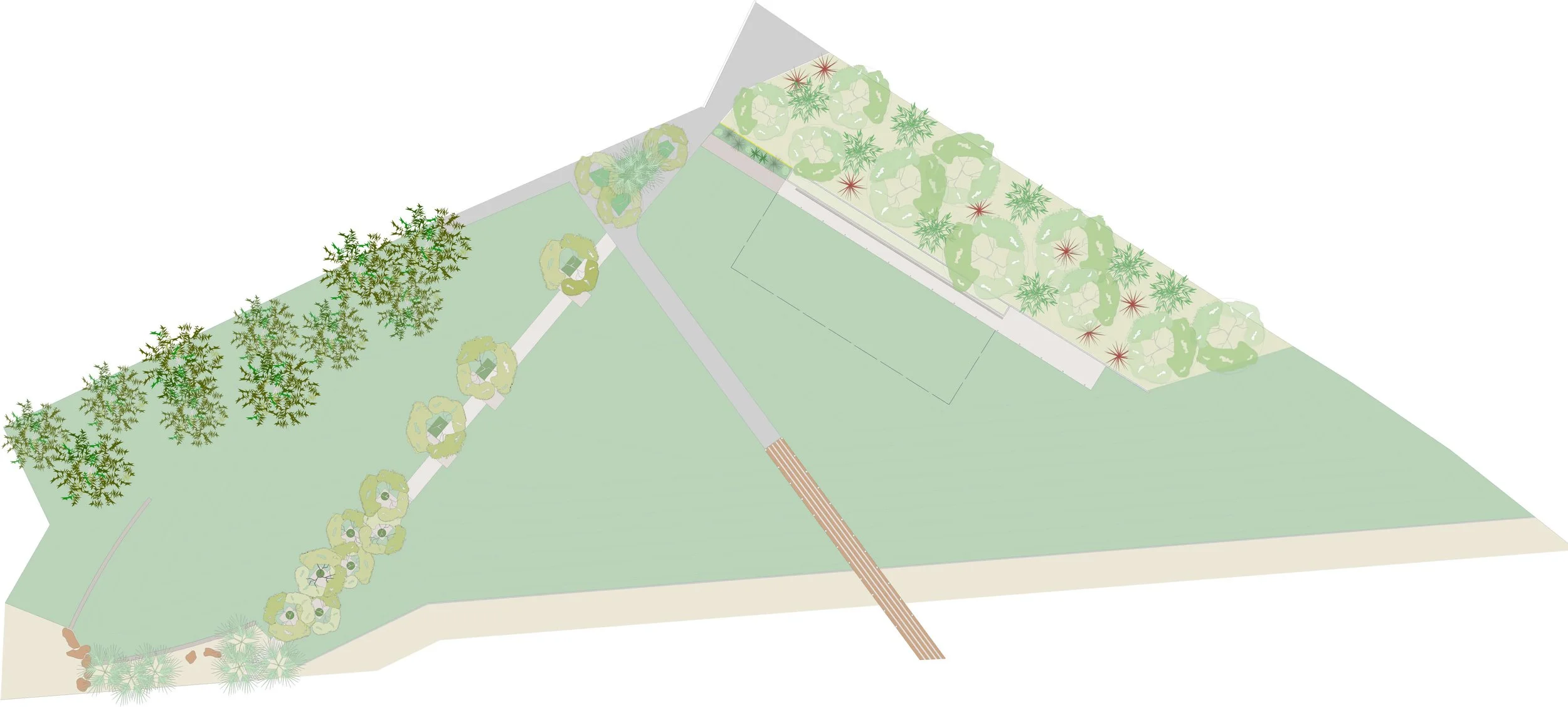 A landscaped park with trees, pathways, and designated planting areas, including a large grassy field, garden beds with palms, and a walking bridge across the park.