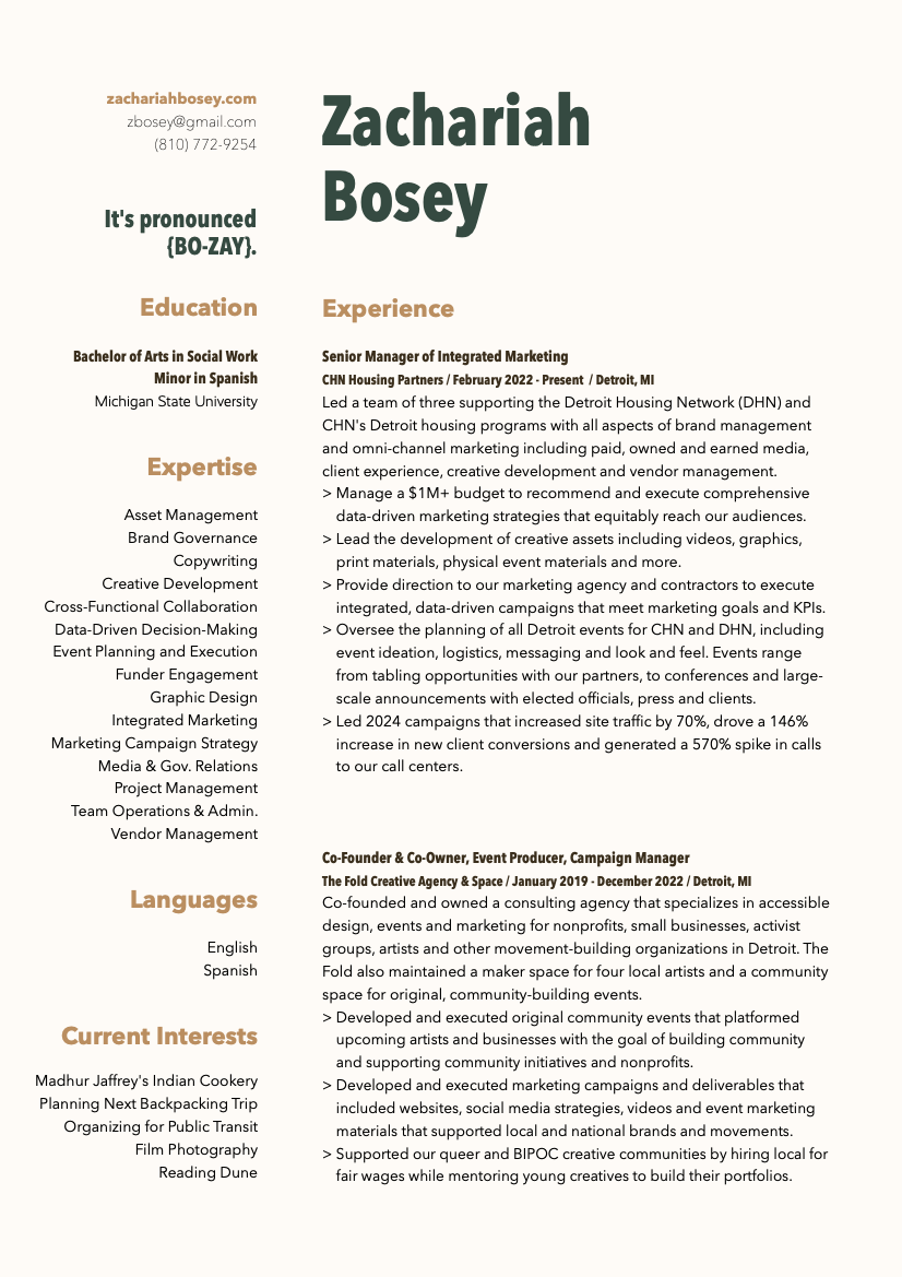 A professional resume for Zachariah Bone showcases contact information, pronunciation guide, education in social work and Spanish, extensive marketing experience, languages spoken, and current interests including cooking, travel, and activism.