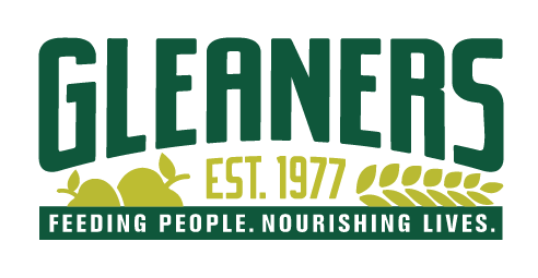Gleaners logo with green and yellow colors, featuring a wheat stalk and the tagline 'Feeding People. Nourishing Lives.'
