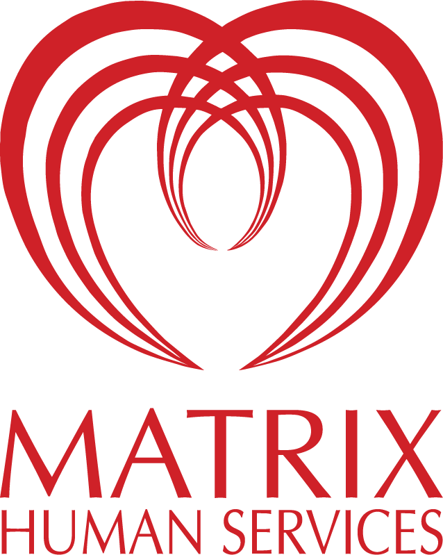 Logo for Matrix Human Services featuring a stylized red heart with multiple overlapping lines and the words 'MATRIX HUMAN SERVICES' in red capital letters underneath.