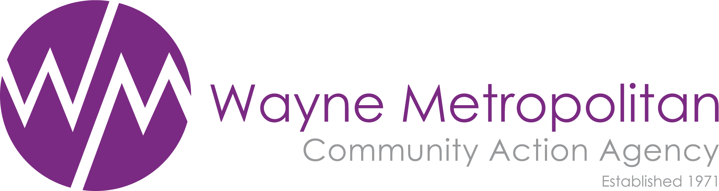 Logo of Wayne Metropolitan Community Action Agency with purple circle and black zigzag lines, purple and gray text