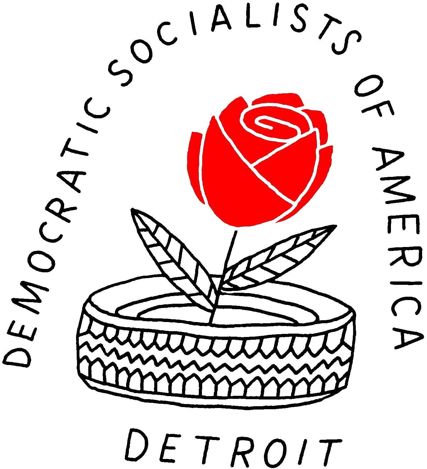 A logo featuring a red rose in a pot with black outlines, with the text 'Detroit Anti Racist Socialists of America' arranged in a circular pattern around the rose.