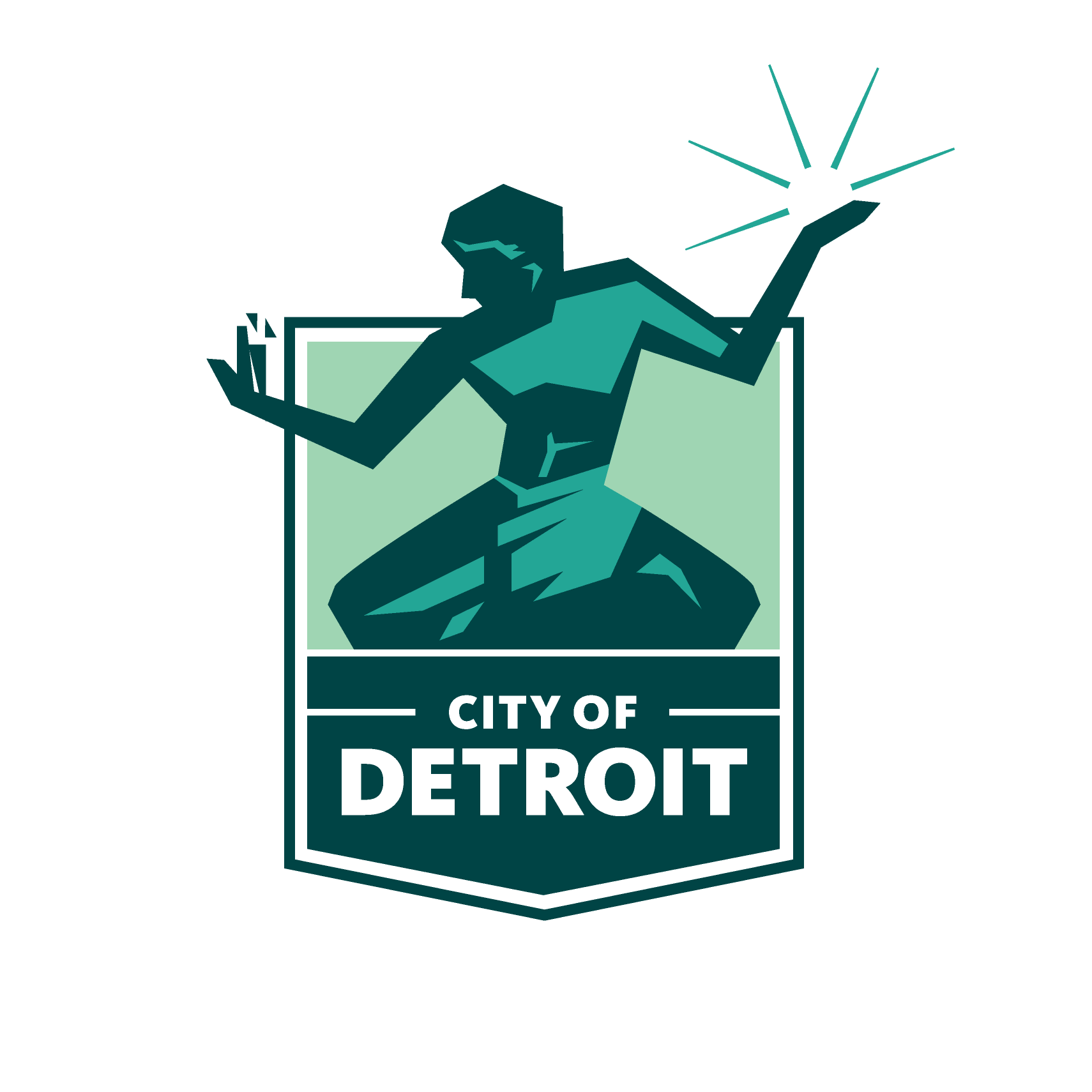 Stylized graphic of a woman holding a lightning bolt, kneeling, with the text "City of Detroit" below on a badge-shaped background.