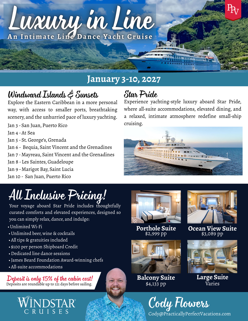 Luxury in Line cruise flyer, January 3–10, 2027. Open the cruise page for details.