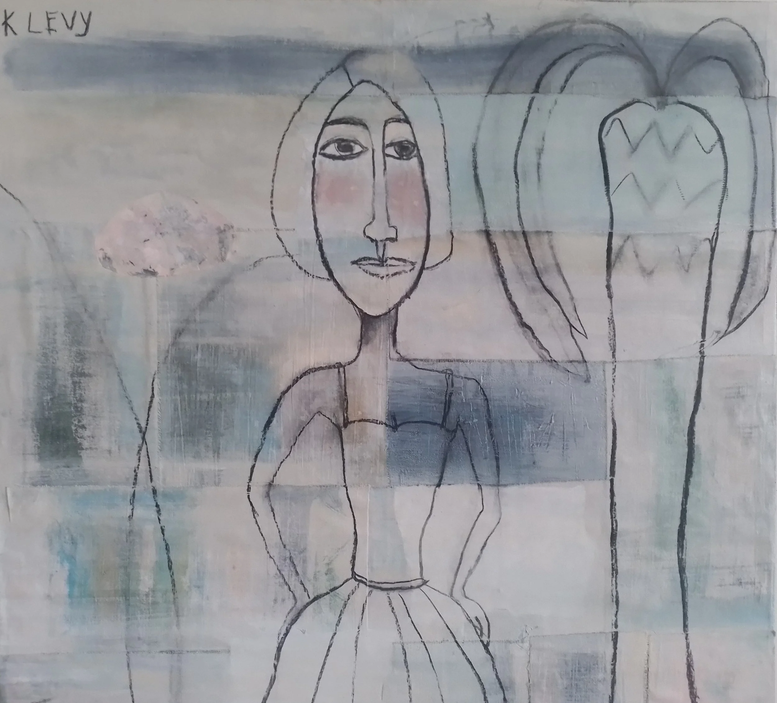 "Moonlit Garden" is a quiet, dreamlike portrait painted over a softly layered, textured background. A solitary figure stands among abstracted landscape forms, her face contemplative beneath a wash of moonlit blues and greys. Charcoal lines give the w