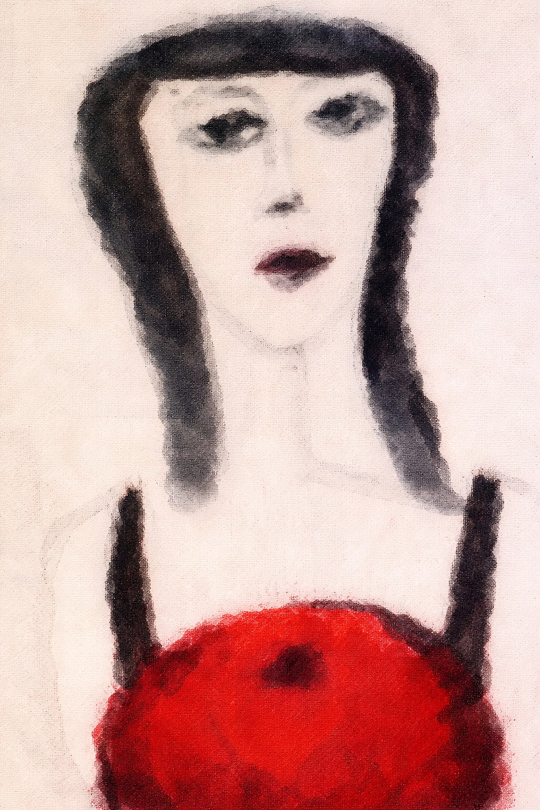 "Red Dress"
A simplified, iconic figure grounded by a vivid red form, balancing strength and vulnerability through minimal detail and softened edges.