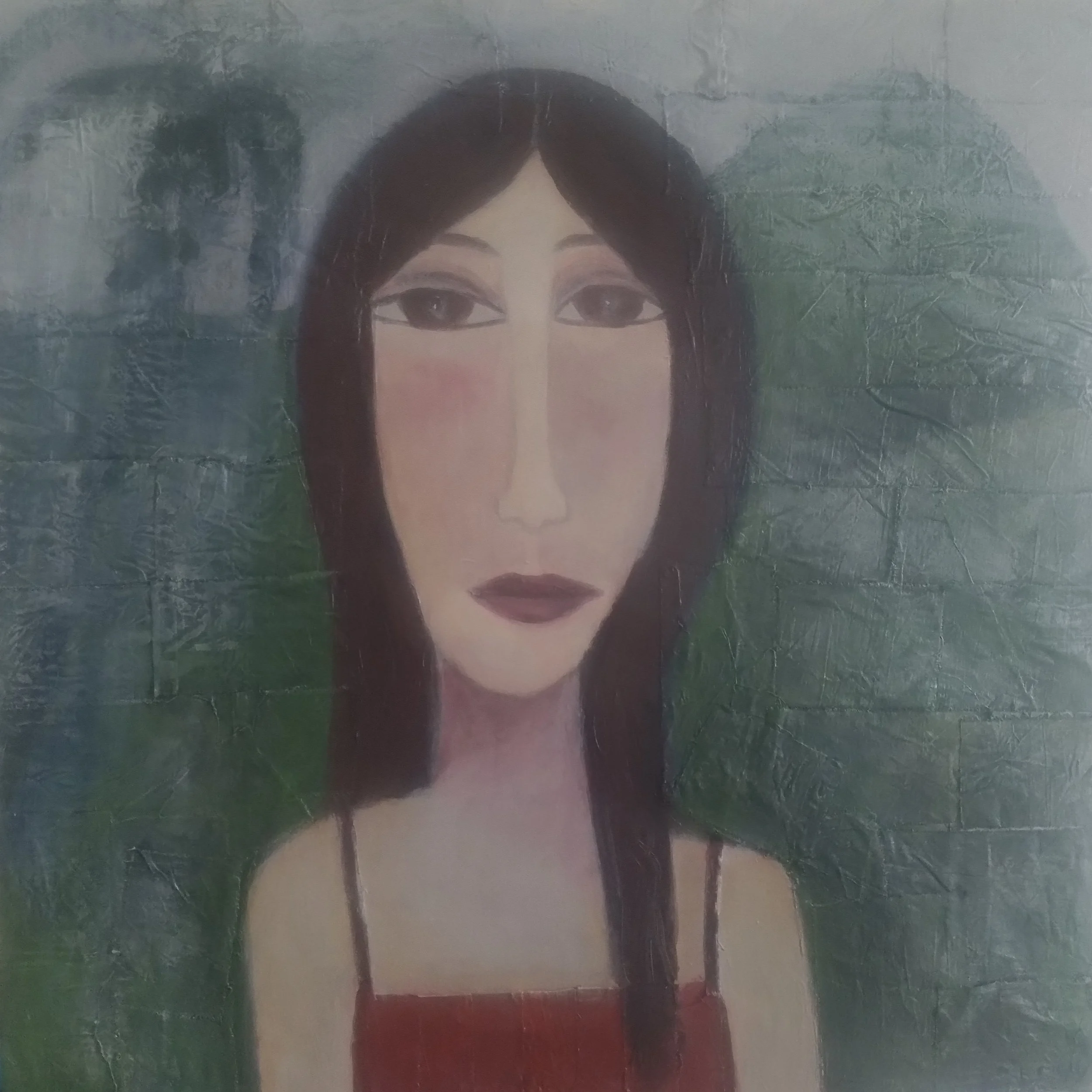 The Daughters of the Maunga centres on stillness and quiet self-possession. The figure is frontal and composed, her gaze steady yet inward-looking, as though holding a private thought just beyond articulation. Soft colour transitions and a gently tex