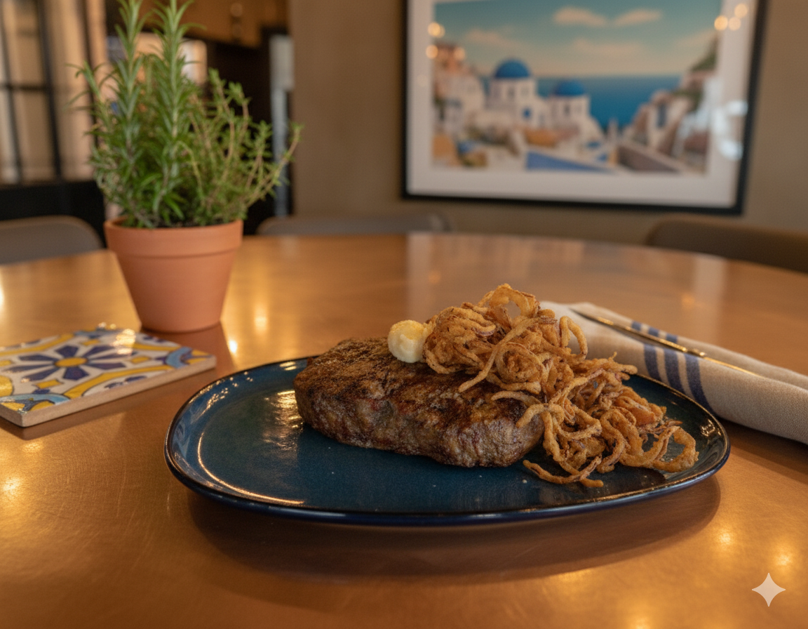 A plate of grilled meat topped with fried onion strings on a wooden table in a restaurant with a potted plant and a painting of a coastal scene in the background.
