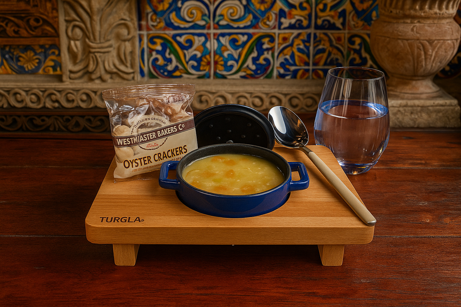 A wooden tray with a bowl of oyster crackers and a dish of creamy soup, a glass of water, a spoon, and a jar of oyster crackers, set on a wooden table with an ornate, colorful tiled wall in the background.