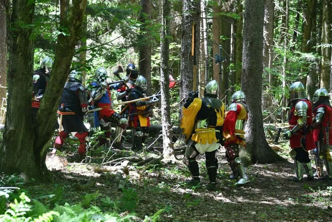 Group of people dressed in medieval armor and clothing, practicing sword fighting in a dense forest.