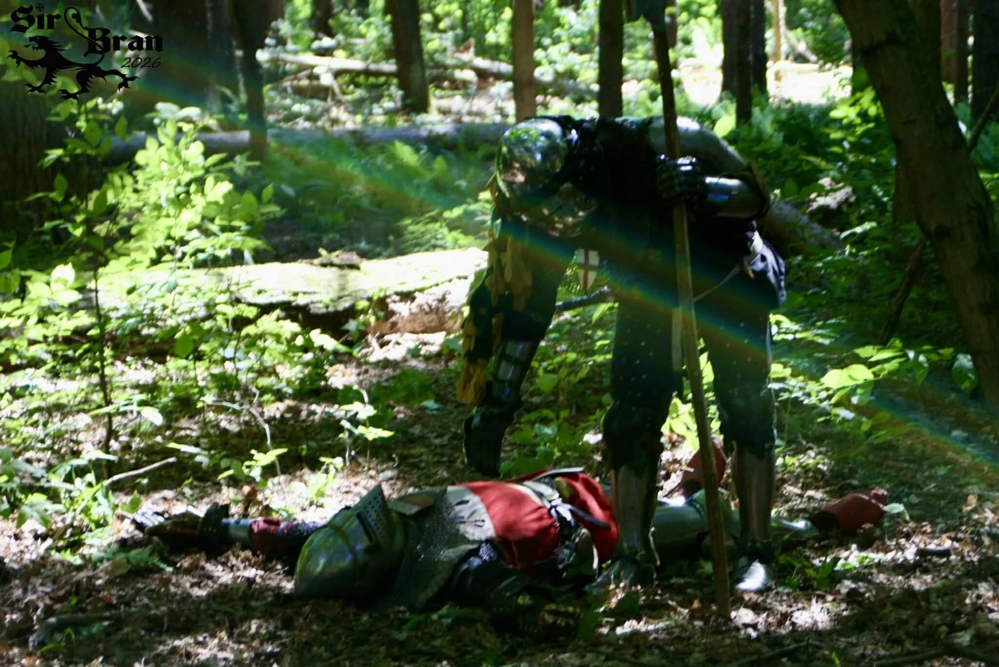A person, resembling a knight with armor, stands over a person lying on the forest floor, in a wooded area with sunlight filtering through the trees.