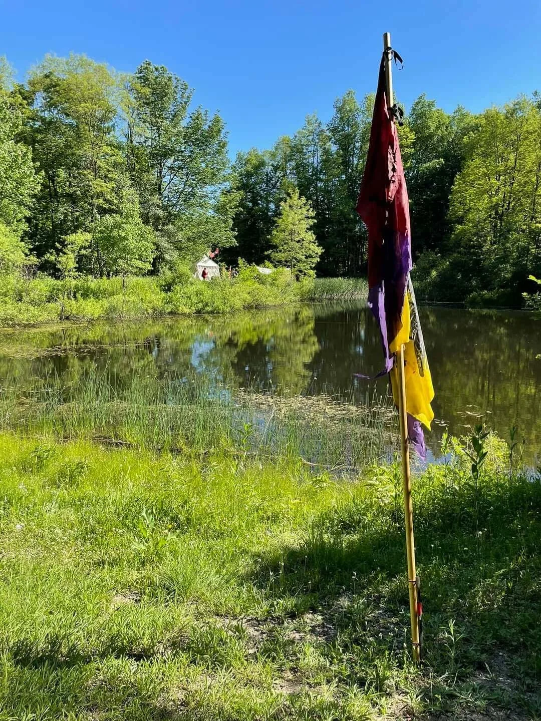 A lakeside scene with a multicolored flag on a stick in the foreground, green trees lining the water's edge, a small tent or structure with a red flag farther back, and a clear blue sky above.