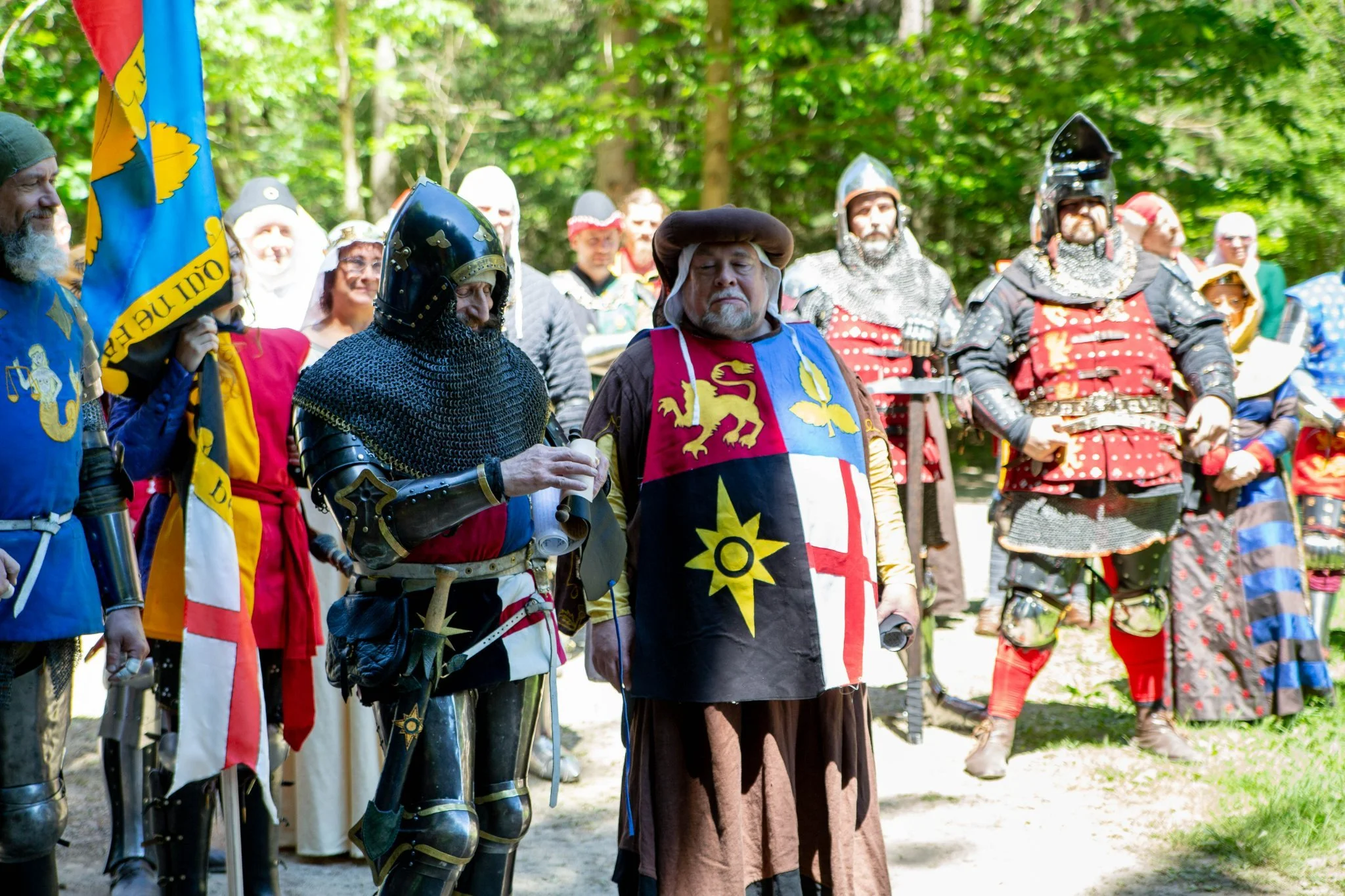 People dressed in medieval armor and costumes, participating in a reenactment or costume event outdoors surrounded by trees.