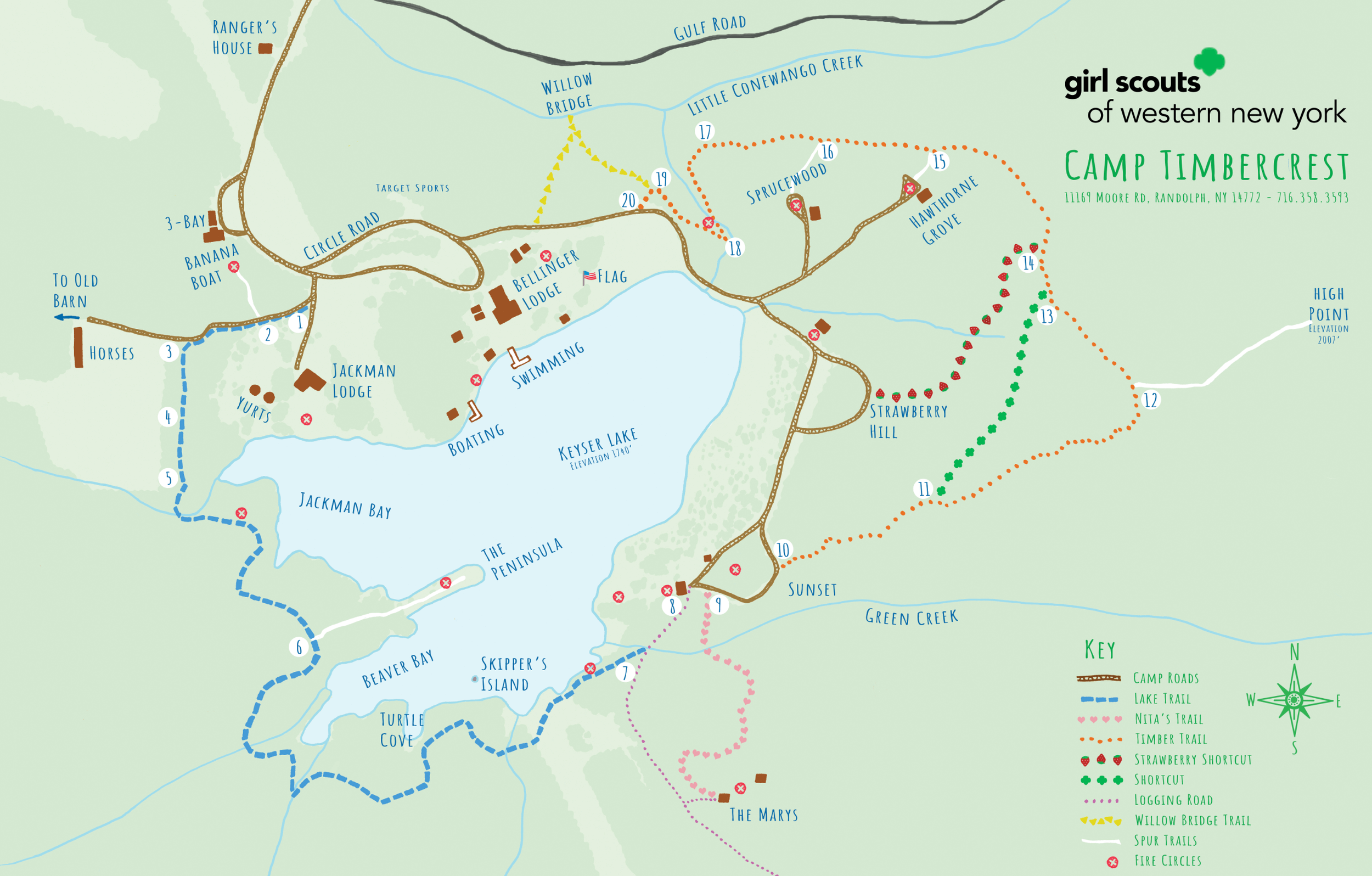 Map of Camp Timbercrest showing trails, landmarks, and facilities like Jackman Lodge, Bellinger Lodge, swimming area, and Keyser Lake, with color-coded routes and key.