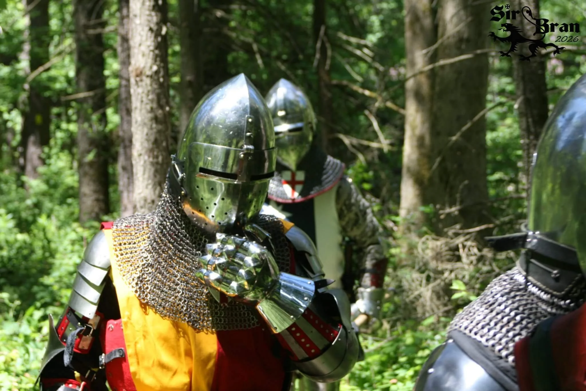 Two individuals dressed in medieval knight armor, including helmets and chainmail, in a forest setting.