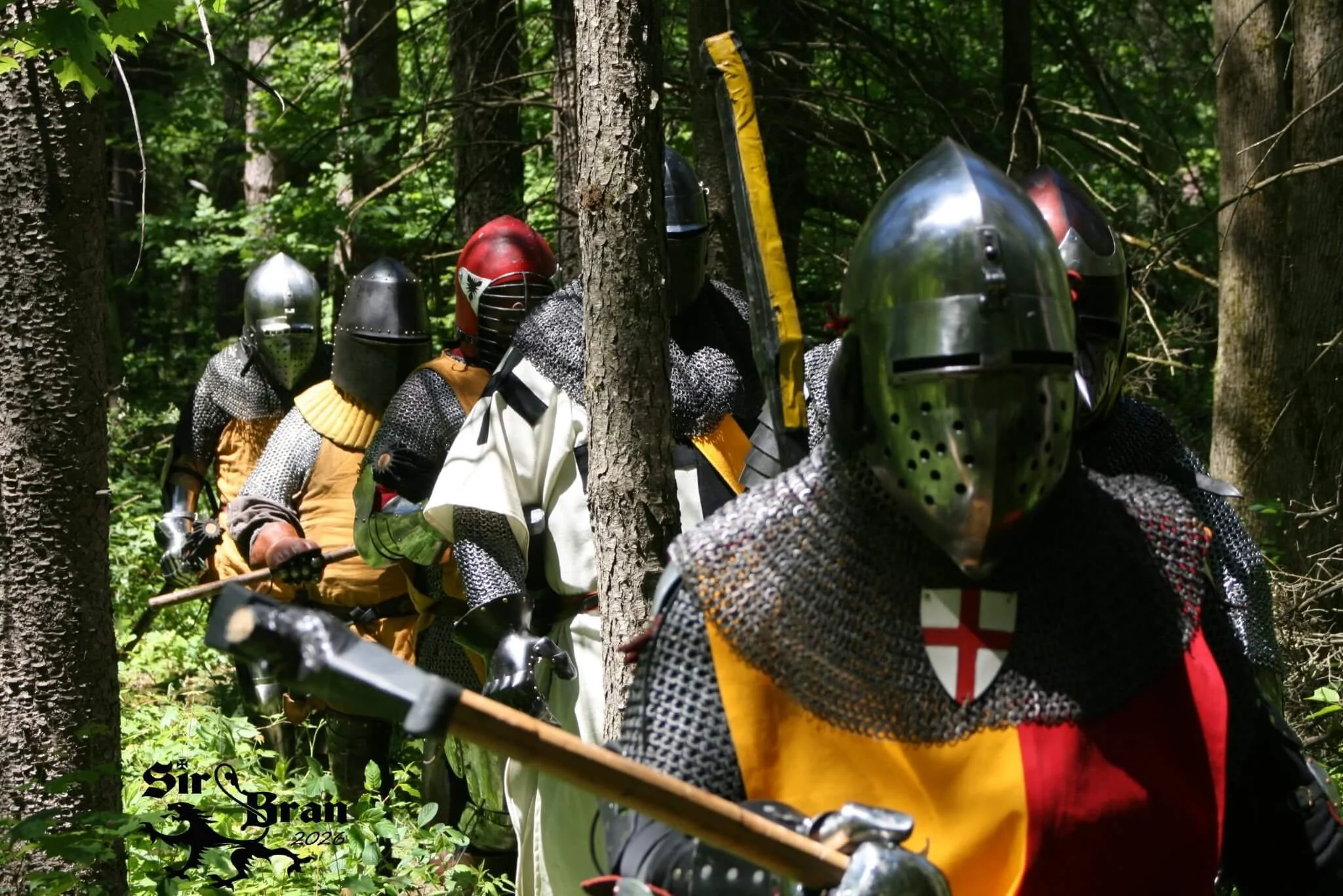A group of people dressed as medieval knights in armor, carrying weapons, walking through a dense forest.