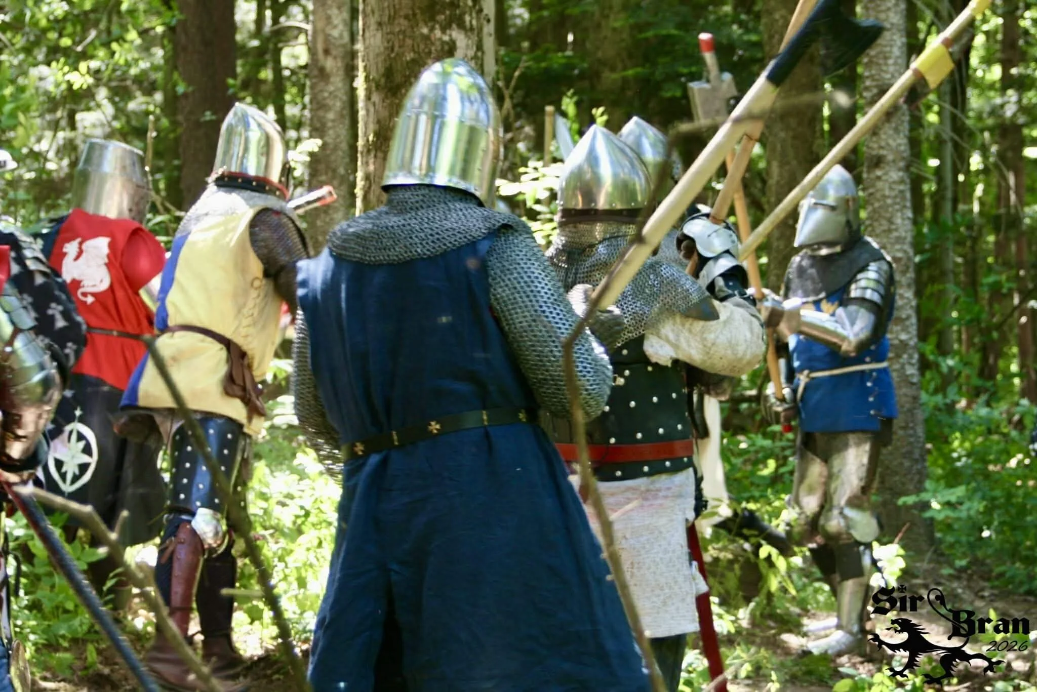Group of people dressed in medieval armor participating in a reenactment or event in a forest.