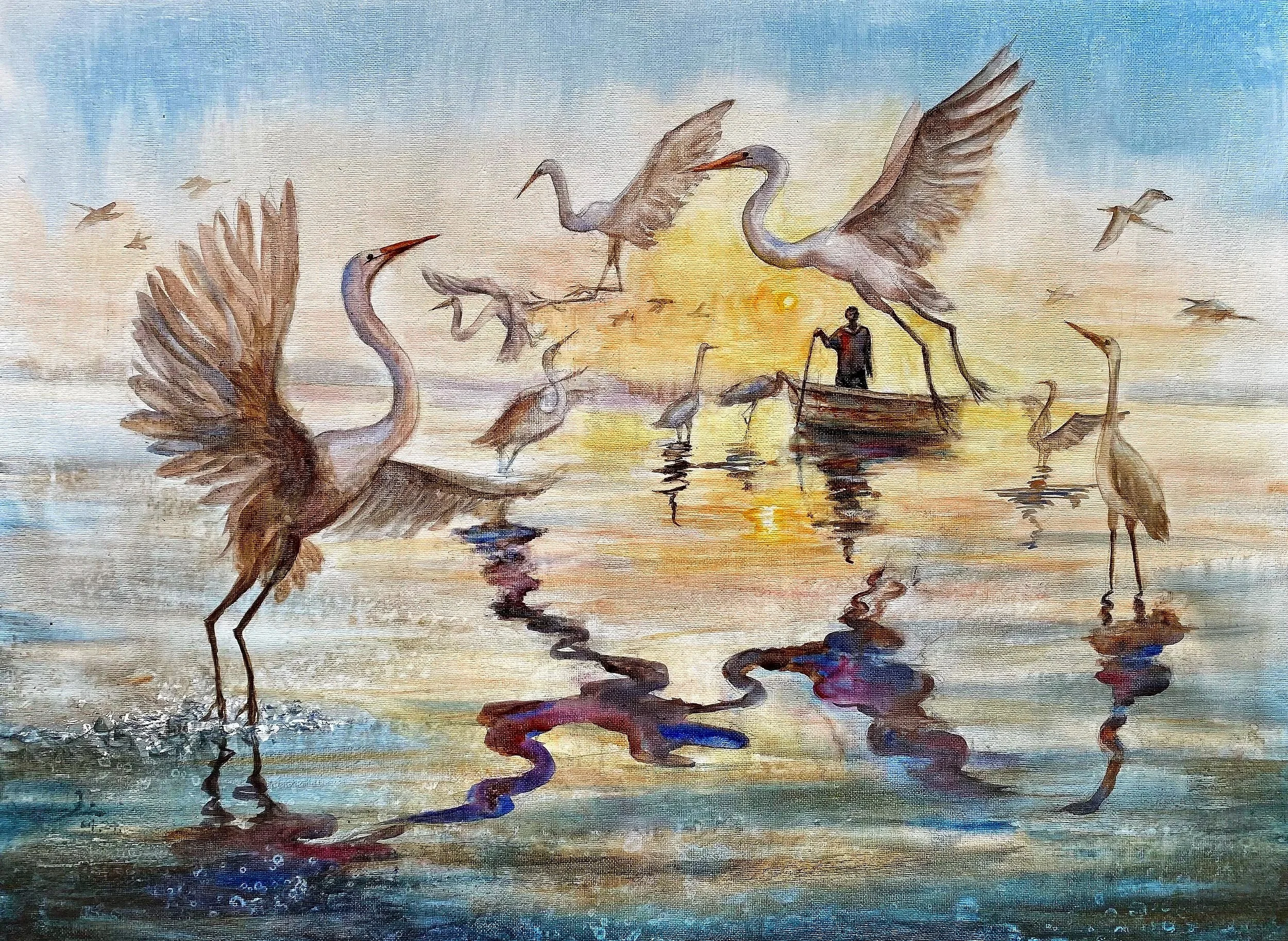 Ripples & feathers, 2024. Watercolor on canvas - 16"x24"