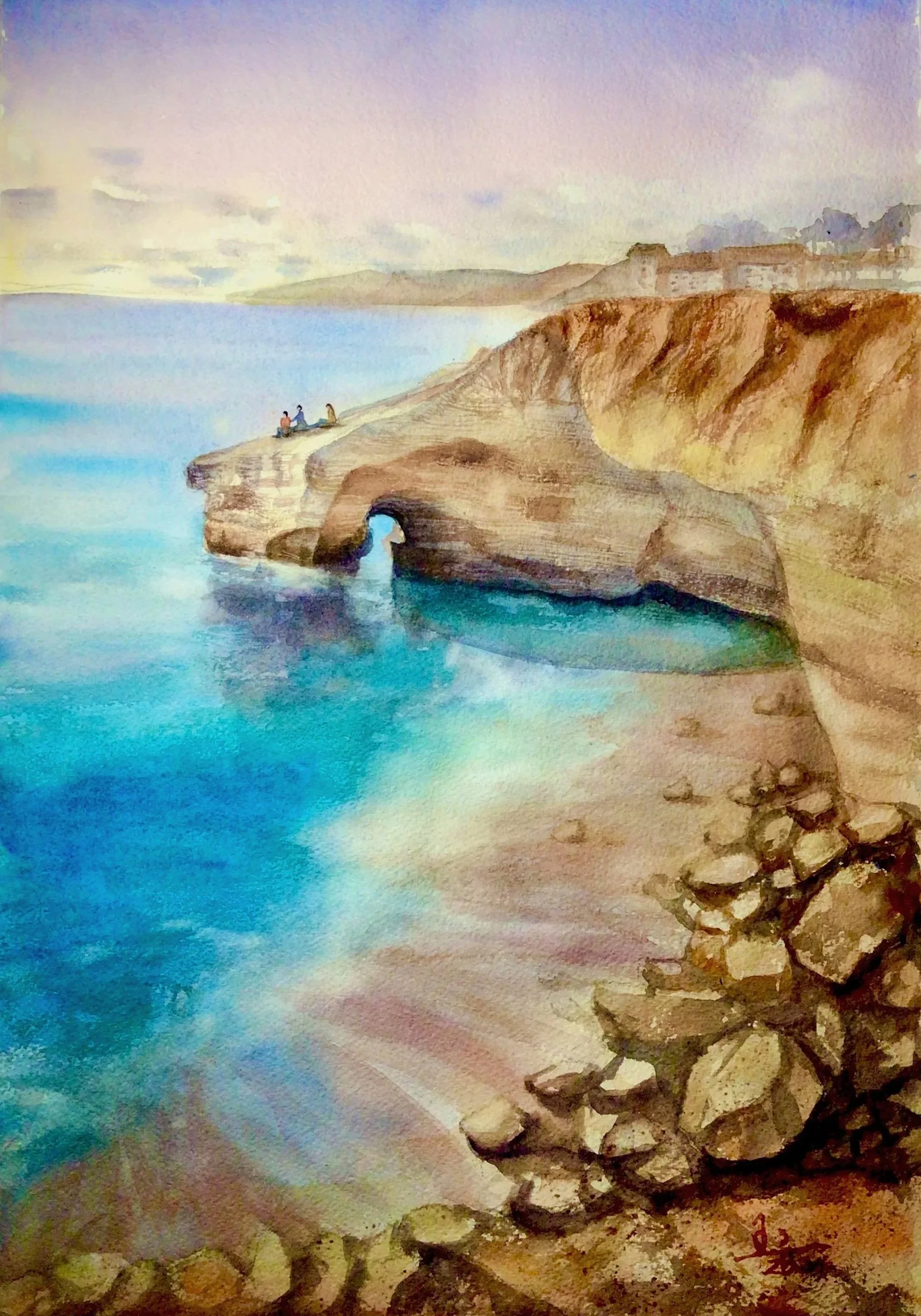 Sunset Cliffs at San Diego, 2024. Watercolor on paper - 13"x20"