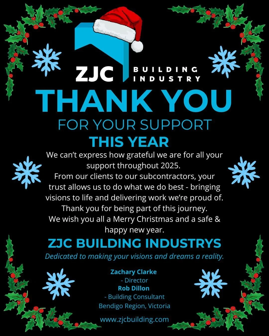 ✨ Thank You for an Incredible 2025 ✨

As the year comes to a close, we just want to take a moment to say a huge thank you to everyone who has supported ZJC Building Industry&rsquo;s throughout 2025.

From our clients who trusted us with their homes a