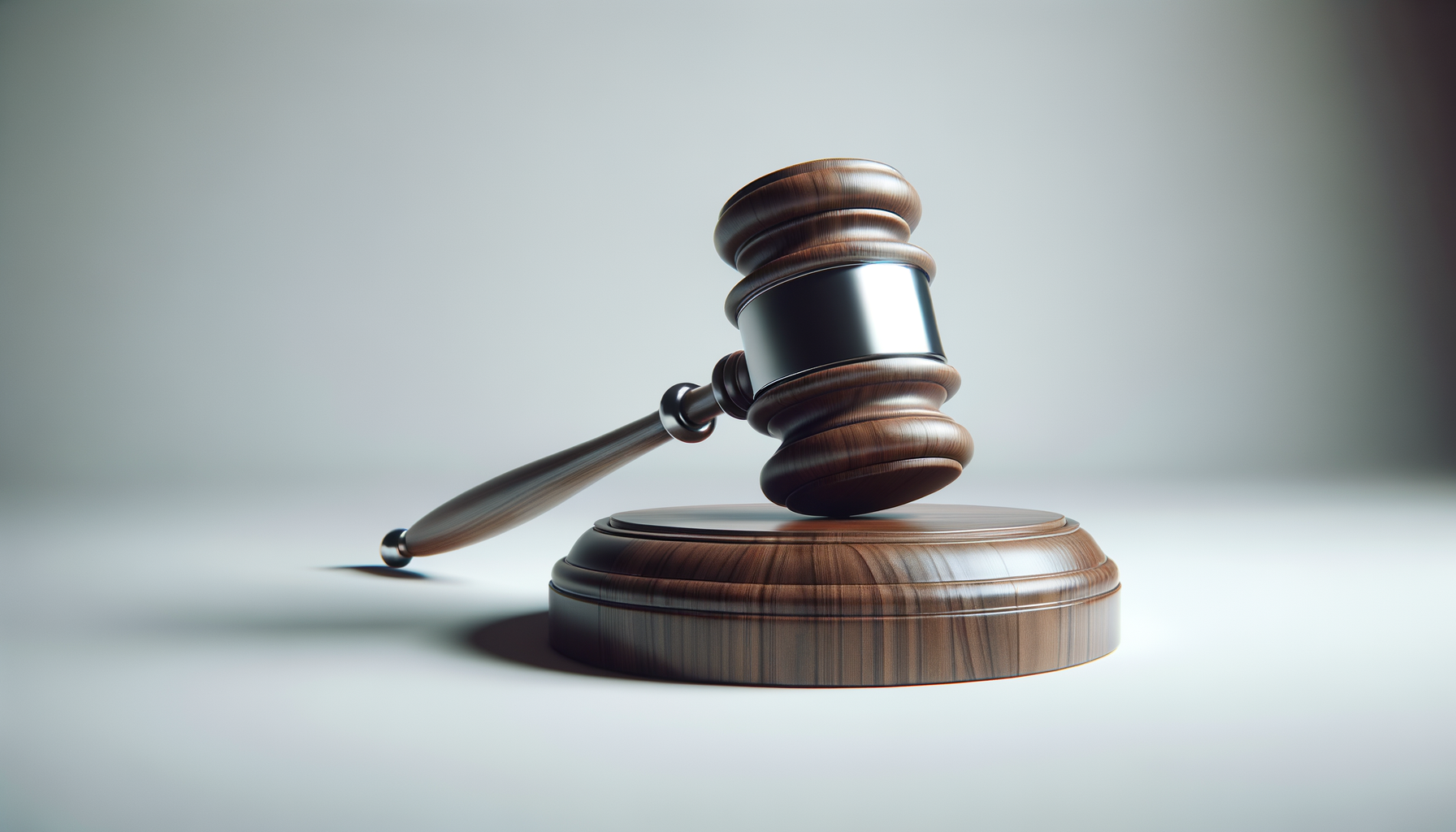 A judge's wooden gavel resting on a matching sound block.