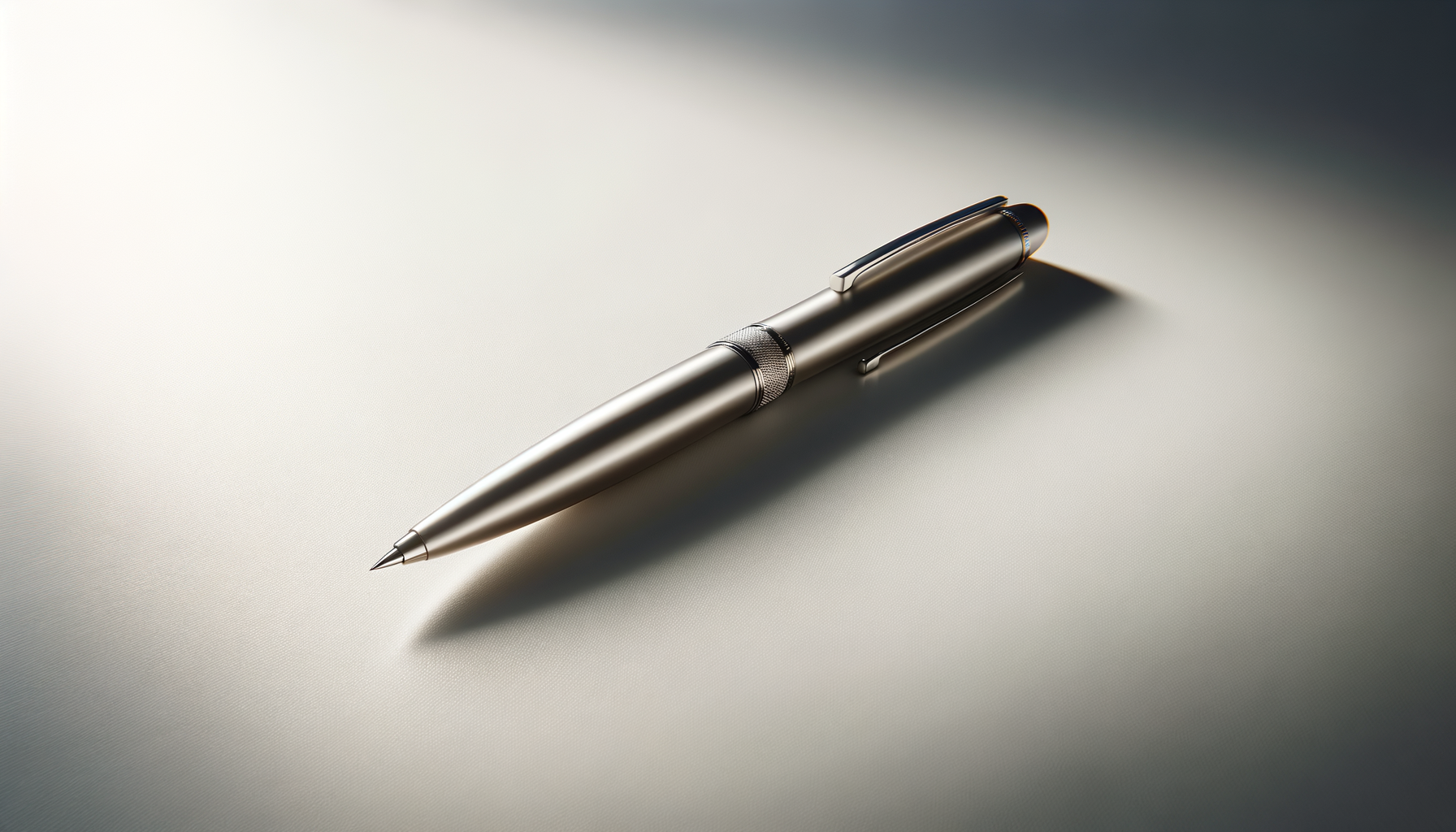A sleek metallic retractable ballpoint pen lying on a gradient surface.