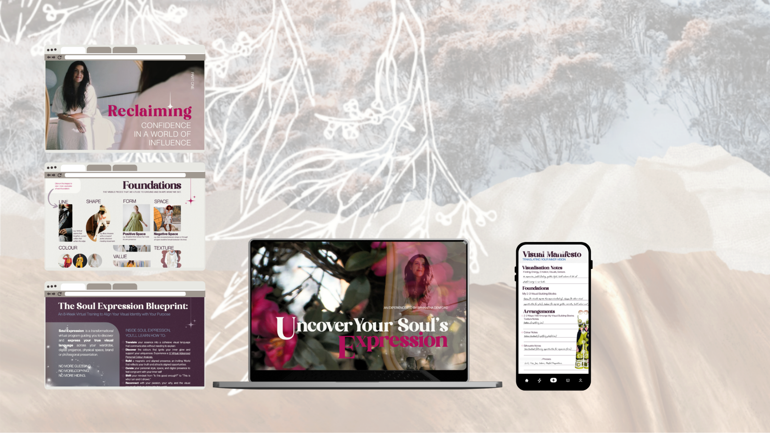 Collage of digital screens and documents on a wooden table, with a background of snowy trees and abstract white line drawings of leaves.