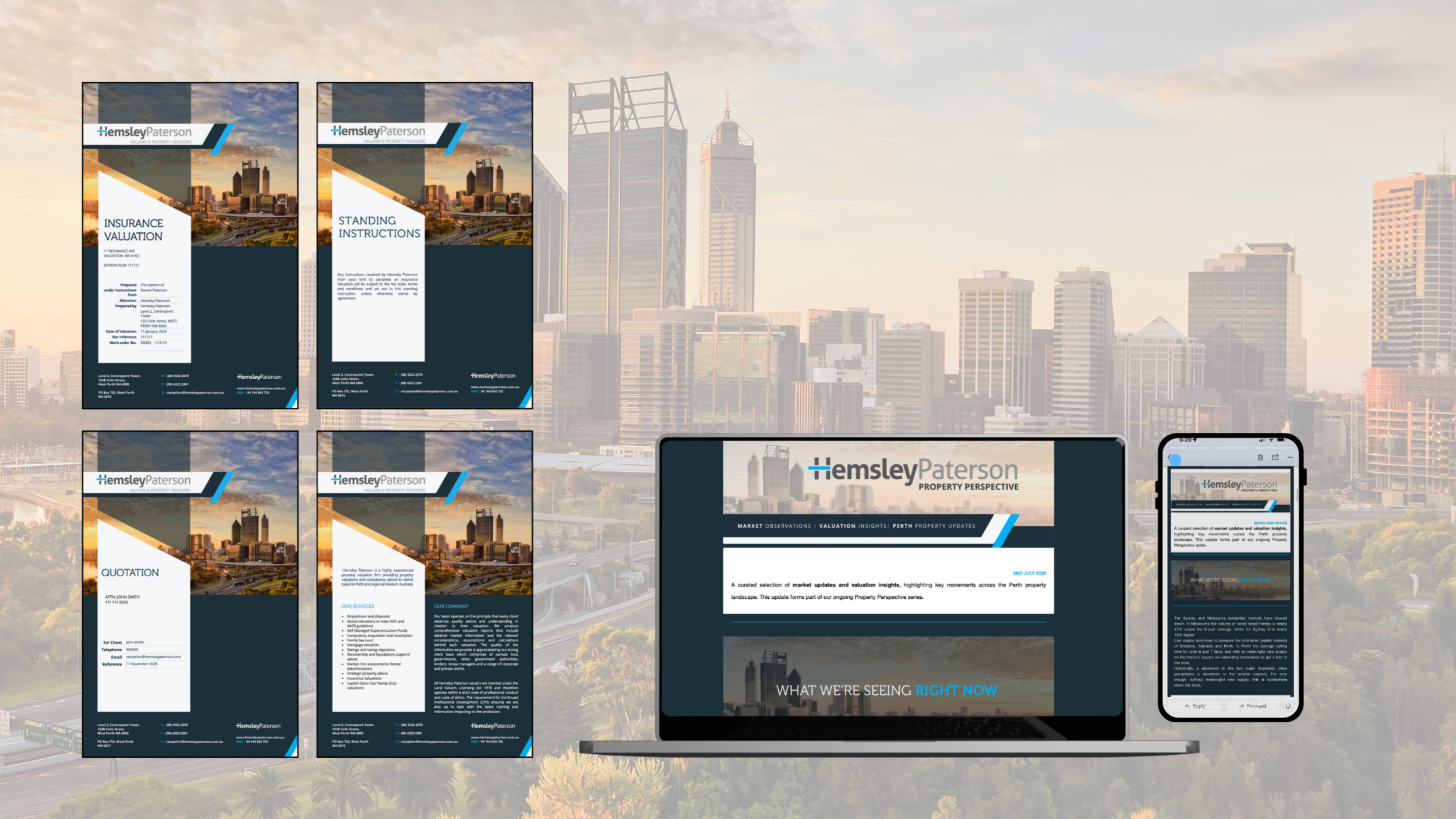 Digital screens displaying real estate and property advisory content with a city skyline in the background during sunset.