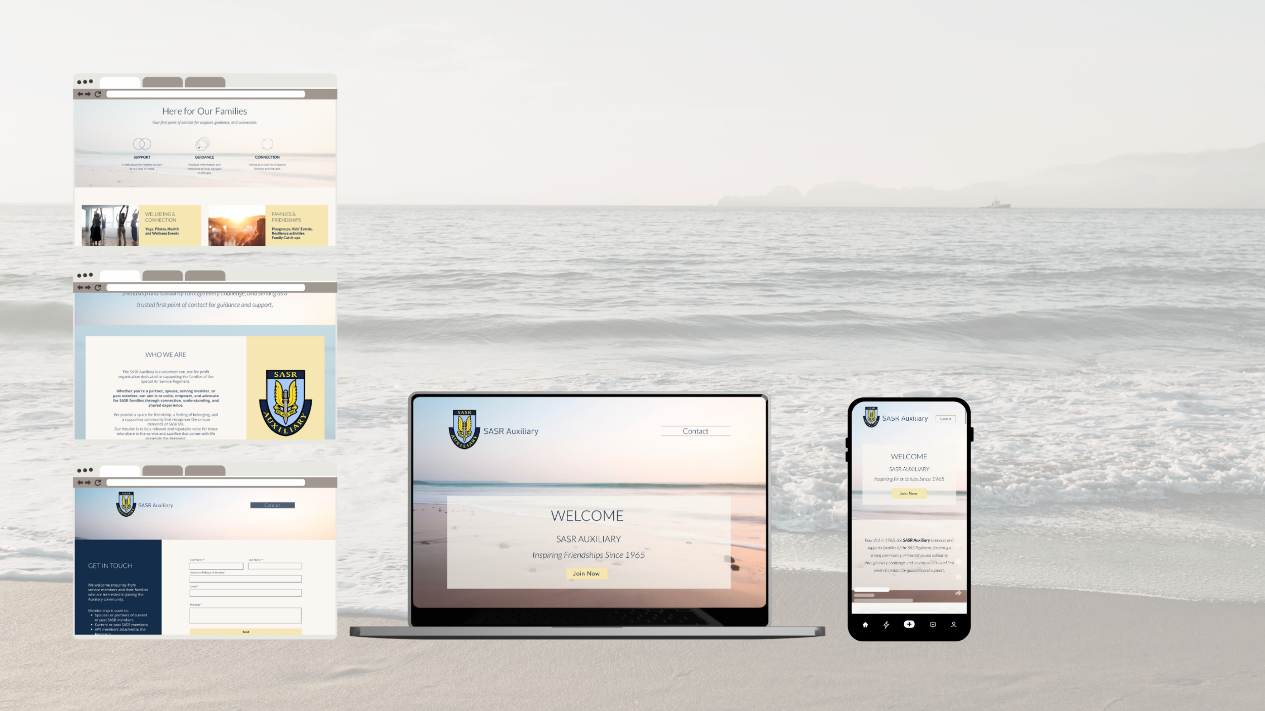 Multiple electronic devices displaying SASR Auxiliary website pages on a beach with ocean waves and distant land in the background.