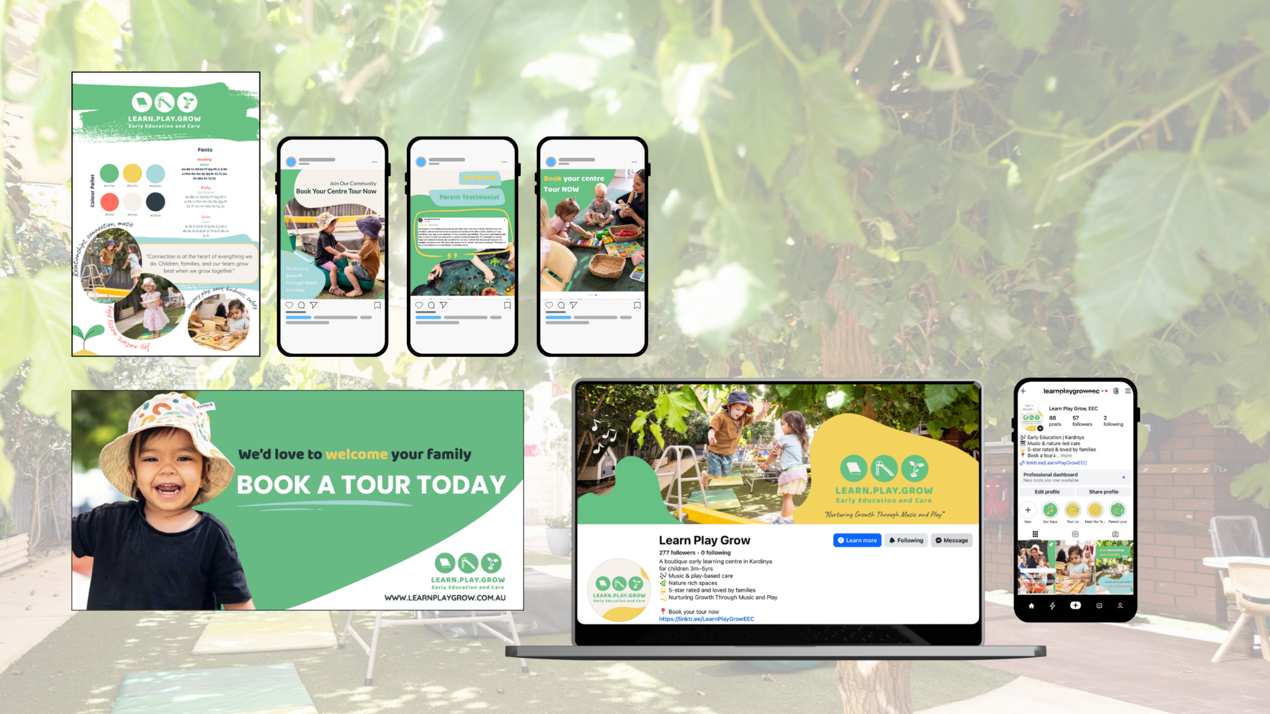 Digital promotional materials for a children’s early education center called Learn Play Grow displayed in an outdoor setting with green trees. The materials include posters and social media mockups emphasizing booking tours and nurturing growth with music and play, featuring images of children playing indoors and outdoors.