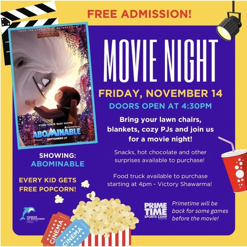Hi Broadway fam! 🎥

We&rsquo;re rolling out the big screen for Movie Night on Friday, November 14th!

⏰ Doors open at 4:30p
🎞️ Movie: Abominable 

Snacks, friends, and a cozy night &mdash; what more could you ask for? 💛