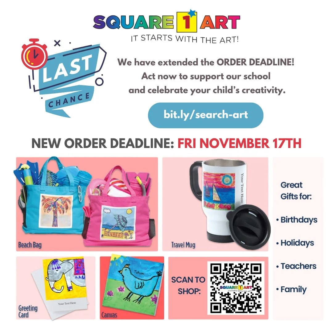 Good news! 🎨 Square 1 Art orders are extended until Friday, November 17th!

Turn your child&rsquo;s masterpiece into a keepsake and give back to our school at the same time! 💫